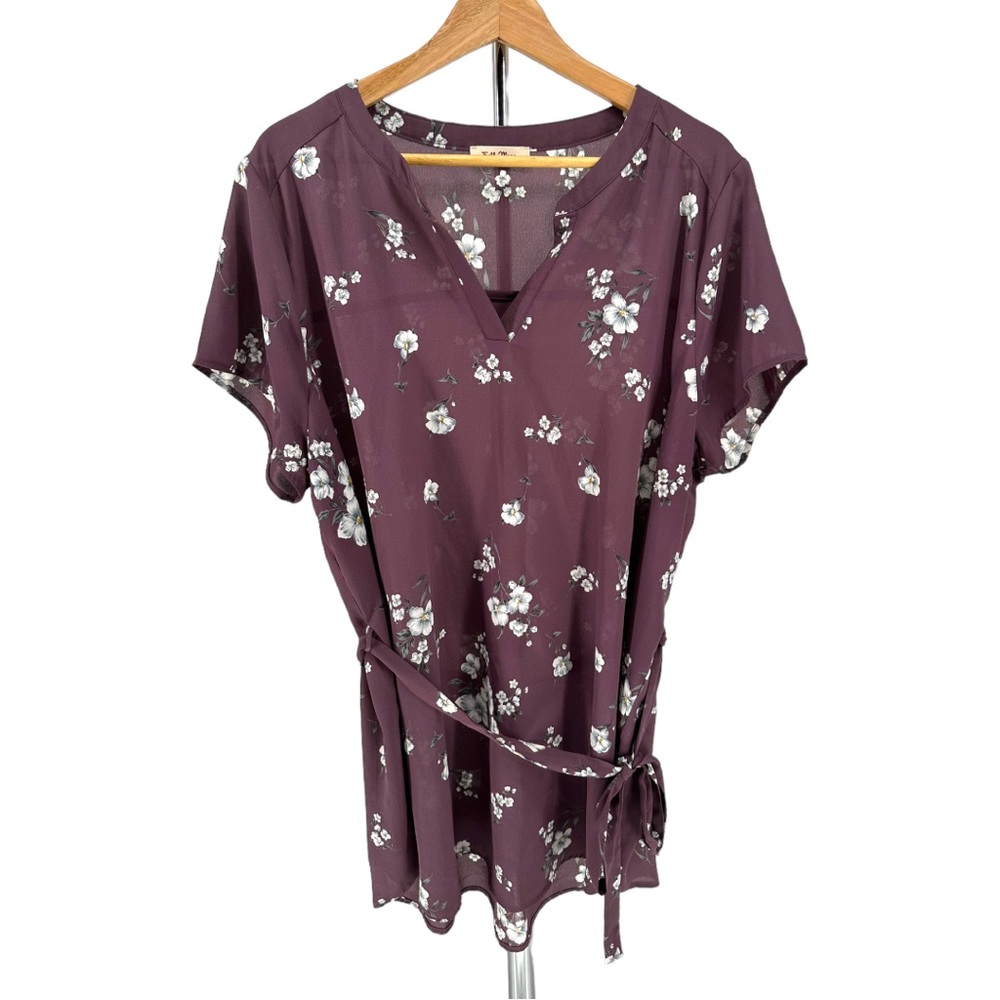 Full Moon Segura Short Sleeve Tie Waist Maternity Blouse Light Purple Floral 2X - Picture 4 of 13